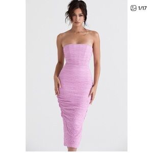 House of CB pink Strapless Ruched Midi Dress